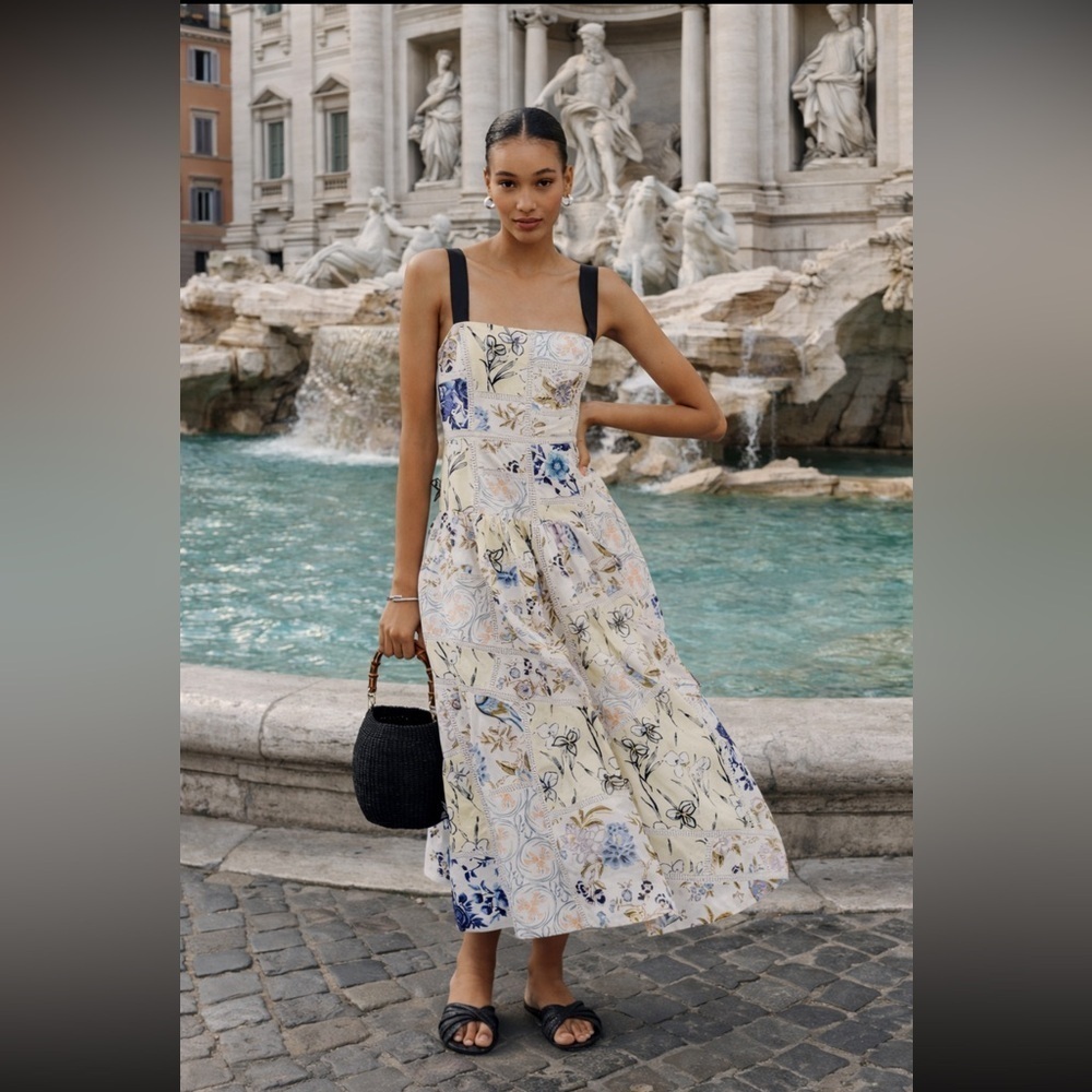🎉SUPER RARE🎉 Anthropologie NWT Maeve 3D Cotton Square-Neck Tile Printed Dress S - Picture 3 of 13